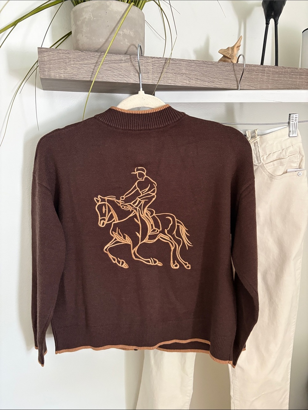 Women's Brown horse embroidered Cardigan with Contrast Trim